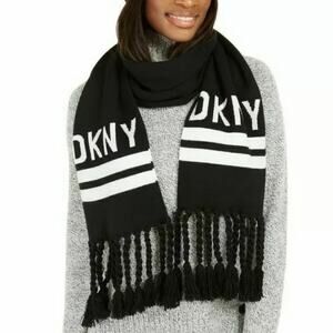 DKNY Black White Logo Stadium Tassel Winter Scarf Winter wrap fringe